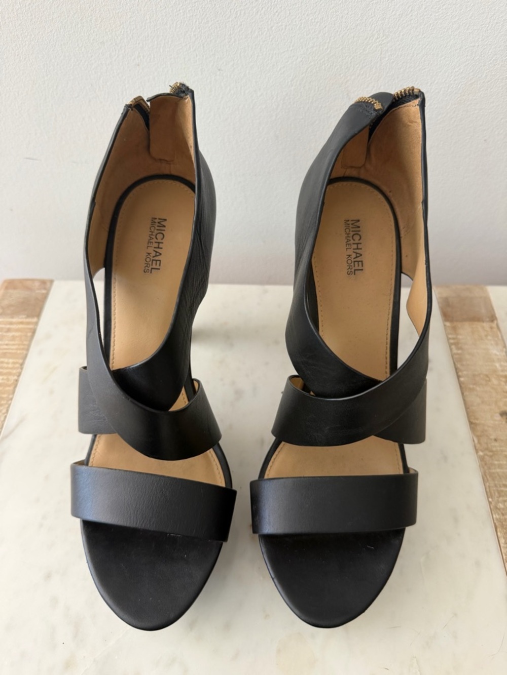 Michael Kors Black Leather Wrap-Strap Block Heel Sandals
